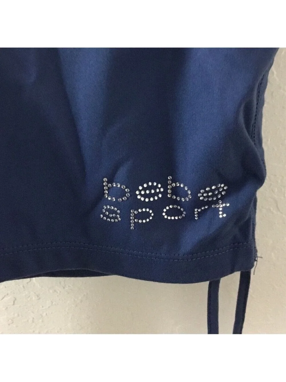 Bebe Sport thistle blue rhinestone logo ruched side bike short XL